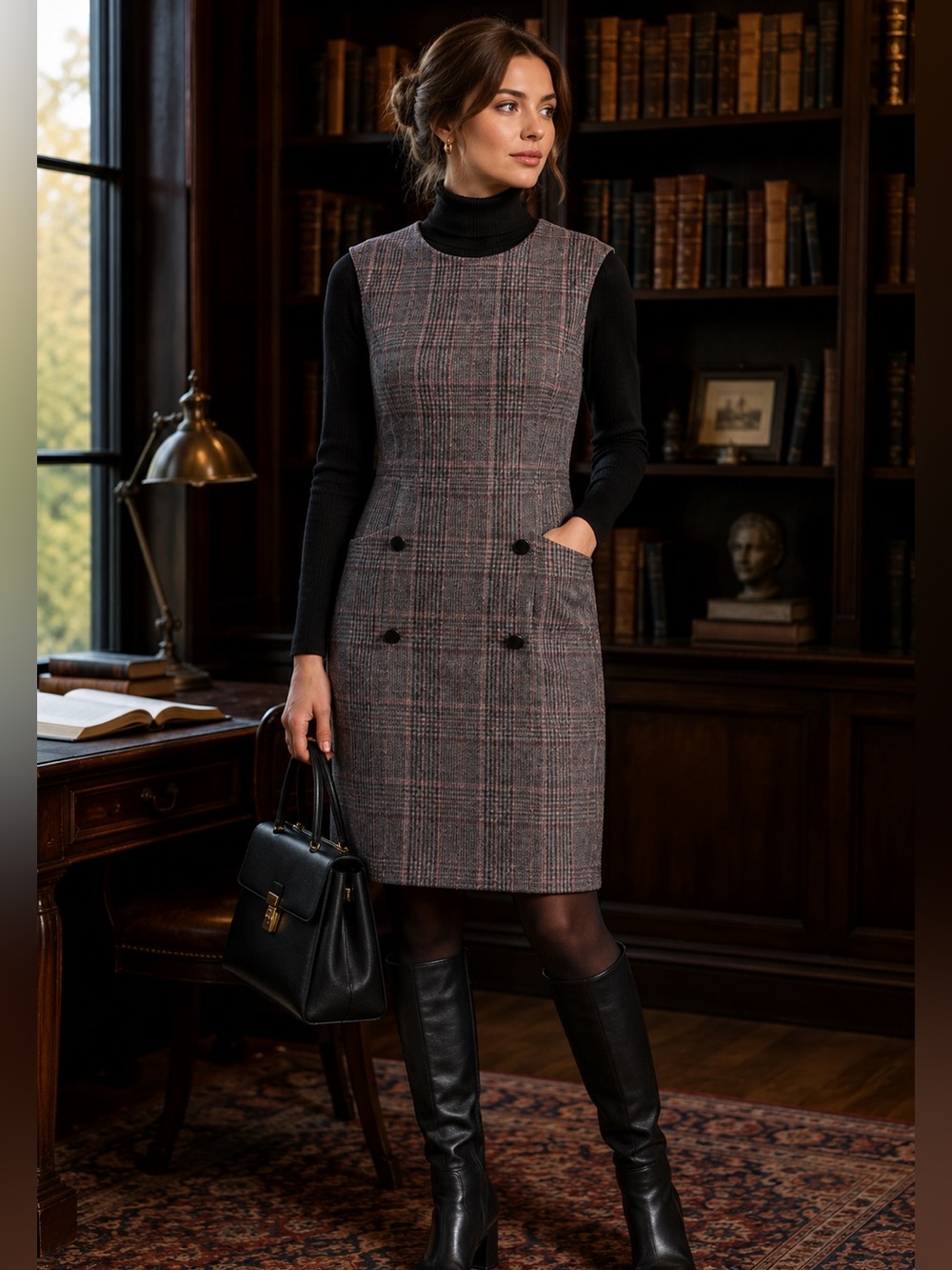 Vintage Osborne Korean 66 Gray Pink Plaid Wool Blend Sleeveless Sheath Dress